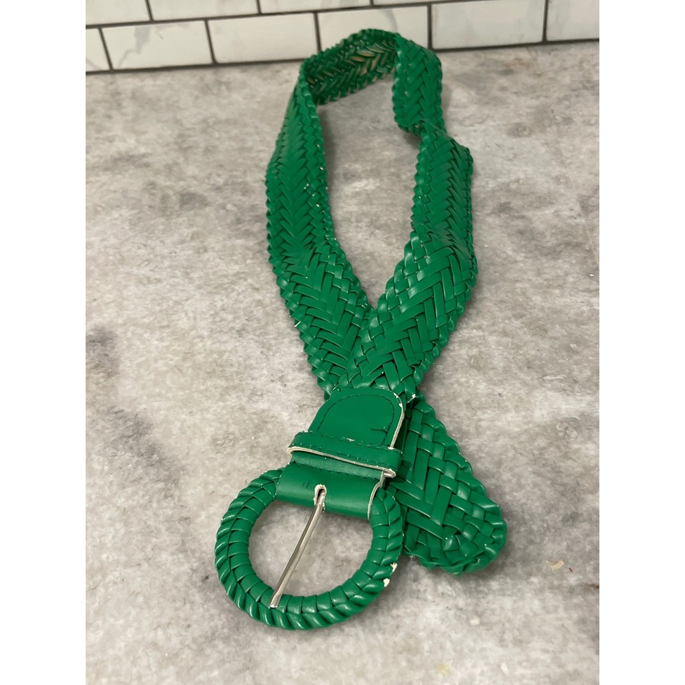Vintage Belt Womens L Green Woven Braided Round Buckle Faux Leather Accessory